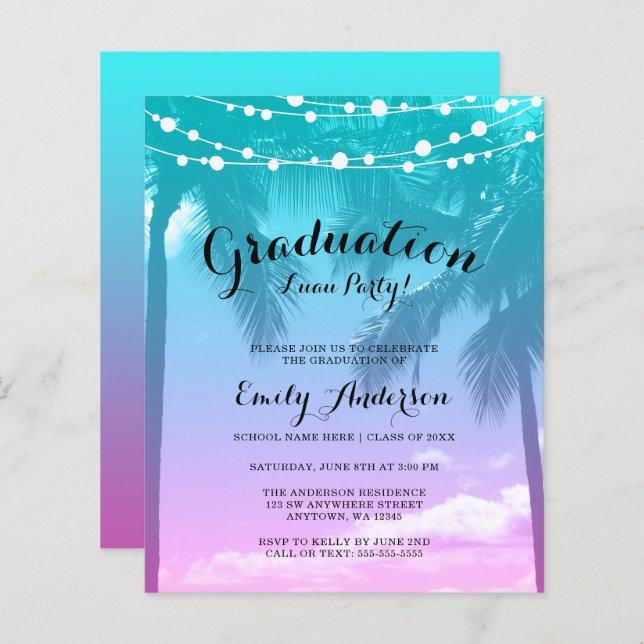 Budget Tropical Luau Teal Pink Graduation Party (Front/Back)