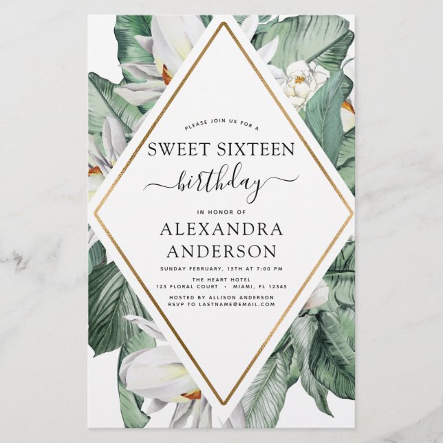 Budget Tropical Magnolia Sweet 16 Invitation (Front)