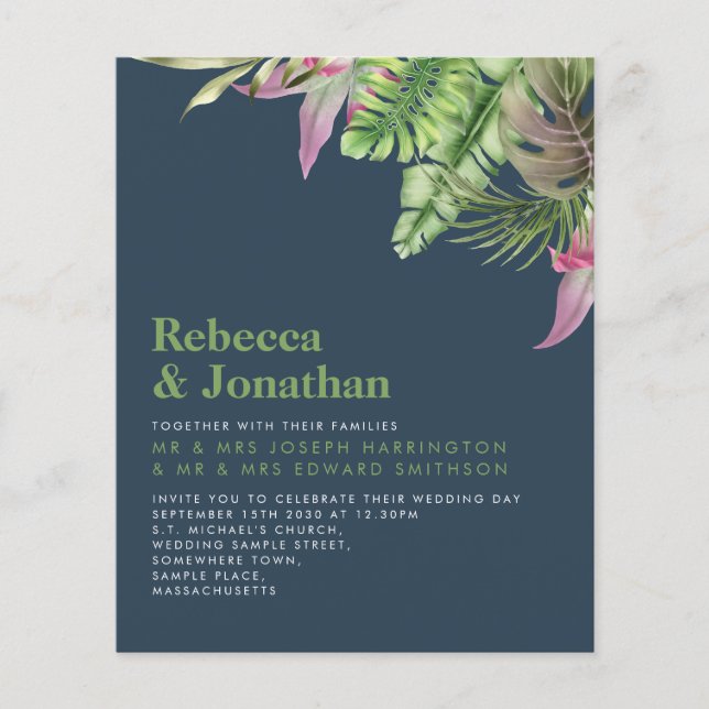 Budget Tropical Navy Blue Minimal Wedding Invite (Front)