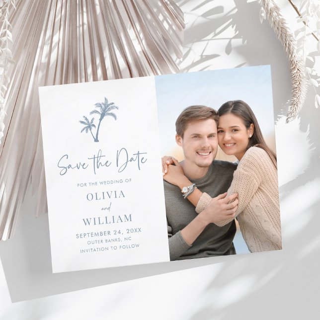 Budget Tropical Palm DustyBlue Photo Save the Date (Creator Uploaded)