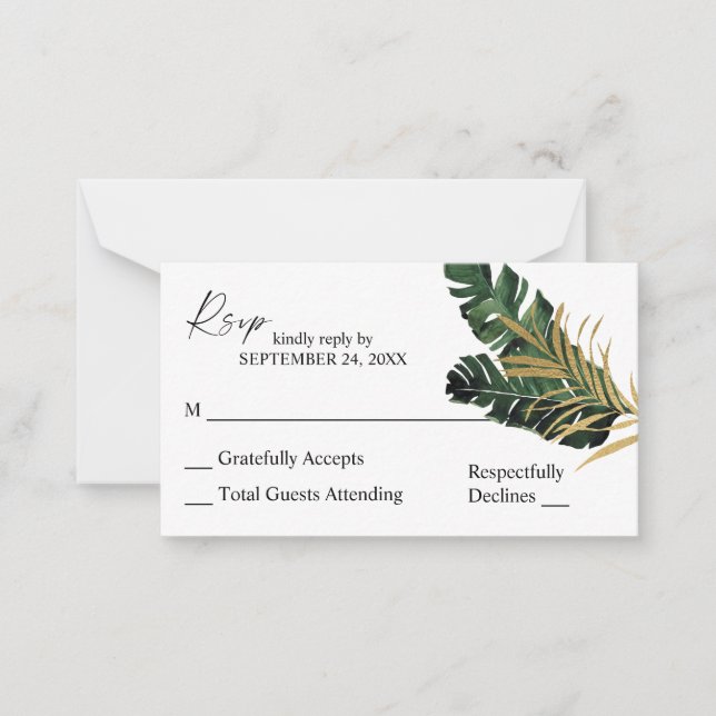 Budget Tropical Palm Leaf Gold 2SM No Meal RSVP Card (Front)