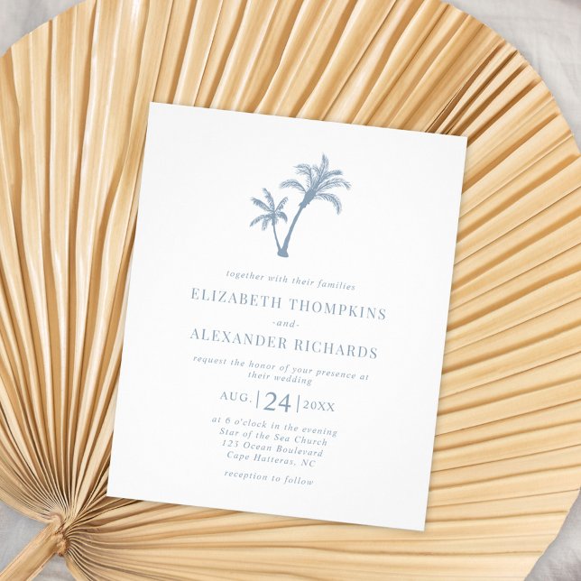 Budget Tropical Palm Wedding Invitation Dusty Blue Flyer (Creator Uploaded)