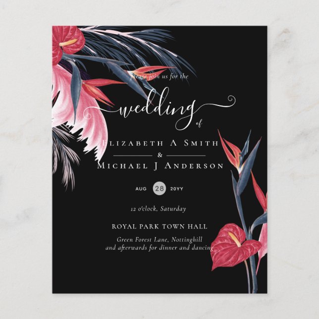 BUDGET  Tropical Pampas Grass Navy Berry Wedding Flyer (Front)
