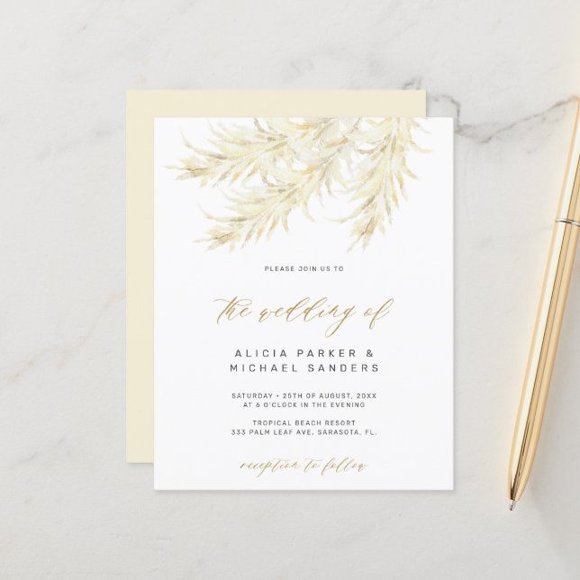 Budget tropical pampas grass wedding invitation (Front/Back In Situ)