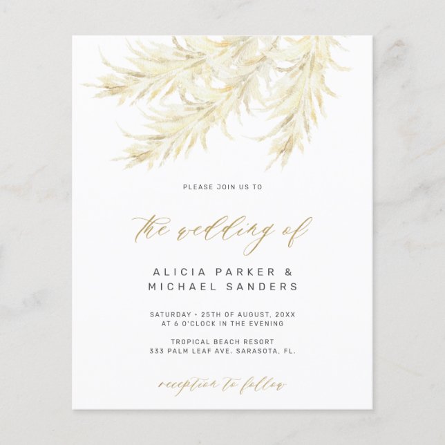 Budget tropical pampas grass wedding invitation flyer (Front)