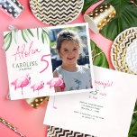 Budget tropical PHOTO kids birthday party invite<br><div class="desc">Aloha handwritten modern script girl's age trendy Hawaiian luau Let's Flamingle photo kids birthday party budget affordable invitation featuring hot magenta pink flamingo birds and green tropical leaves. Suitable for kids any age summer tropical flamingle Hawaiian luau themed, beach or by the sea birthday parties. Easy to personalise on both...</div>