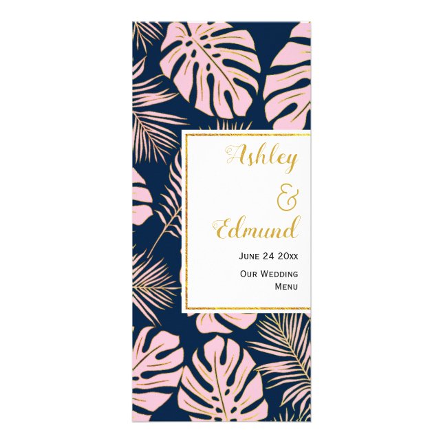 BUDGET Tropical pink, navy blue wedding menu card (Front)