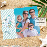 Budget Tropical Seas and Greetings Photo Card<br><div class="desc">A budget-friendly tropical Christmas photo collage greeting card printed on 4.5x5.6-inch lightweight 110 lb semi-gloss paper instead of cardstock featuring a fun, tropical play on SEASONS GREETINGS with the words SEAS & GREETINGS in modern, fancy calligraphy script typography in ocean colours accented with starfish against an aqua, teal striped background....</div>