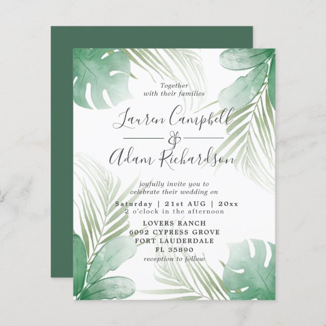 Budget Tropical Watercolor Wedding Invitation (Front/Back)