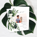 Budget Tropical White Floral Photo Save the Date<br><div class="desc">** SATIN PAPER IS PAPER THIN. UPGRADE THE PAPER FOR A THICKER PAPER. HAS AN OPTION FOR ENVELOPES. *** Save money on formal invitations with this smaller invitation that has an option for envelopes. Get your guests ready for the amazing wedding with your Tropical Palm & White Floral Photo Save...</div>