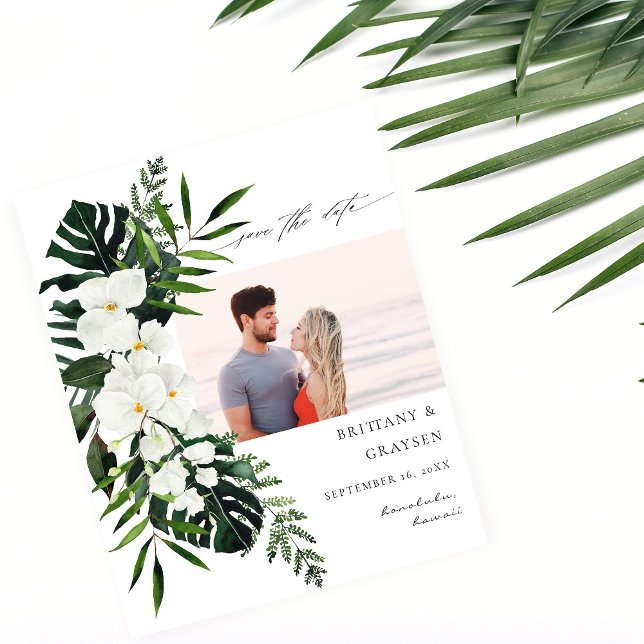Budget Tropical White Floral Save the Date Photo Flyer (Creator Uploaded)