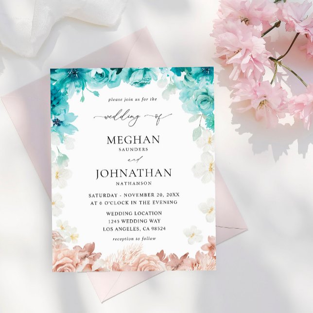 Budget Turquoise & Blush Pink Floral Wedding Flyer (Creator Uploaded)