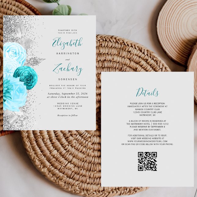 Budget Turquoise Floral  Silver QR Code Wedding (Creator Uploaded)