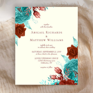 Budget Turquoise Rust Ivory Floral Wedding Invite