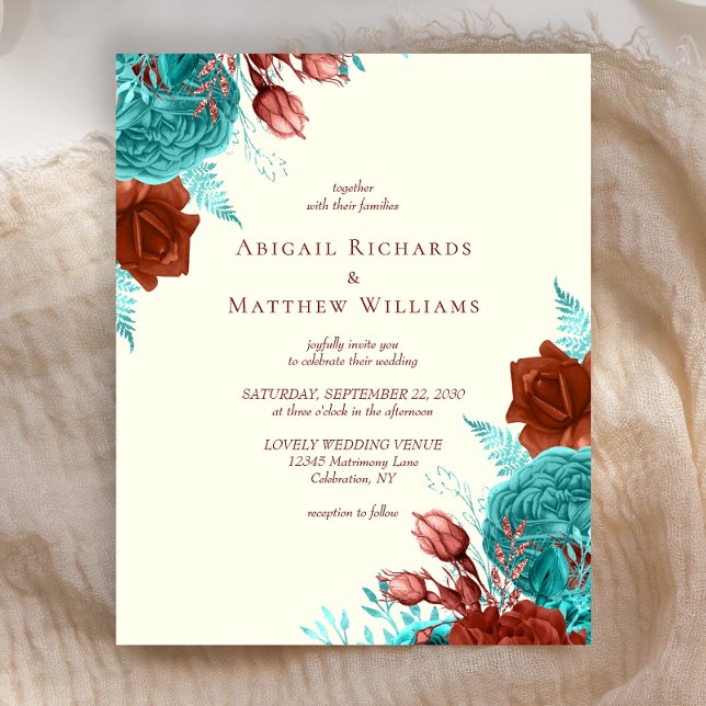 Budget Turquoise Rust Ivory Floral Wedding Invite (Creator Uploaded)