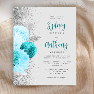 Budget Turquoise Silver Floral Calligraphy Wedding