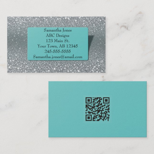 Budget Turquoise & Silver Glitter QR Code Business Card (Front/Back)