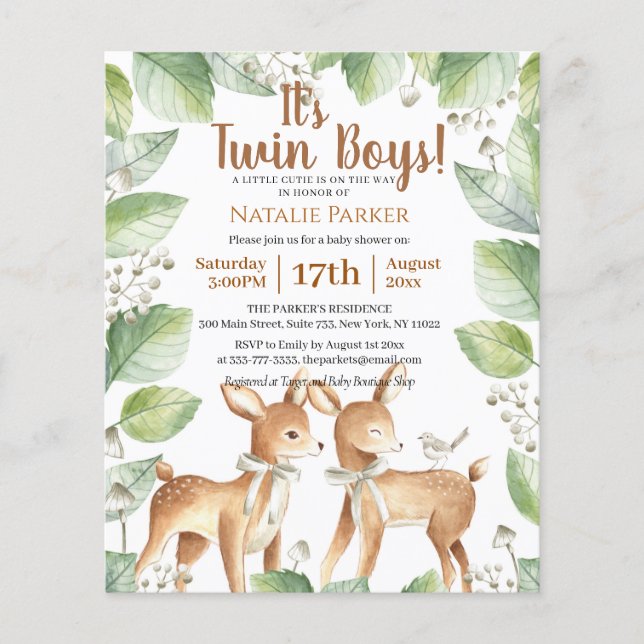 Budget Twin Boys Woodland Sage Floral Baby Shower Flyer (Front)