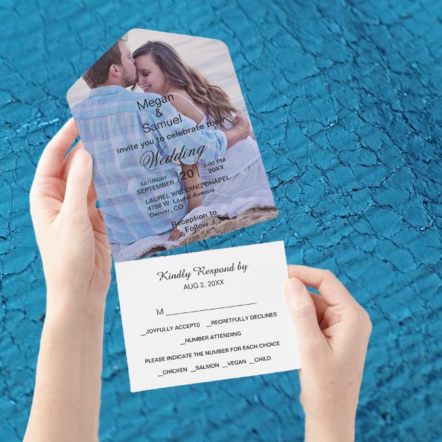 Budget Two Photo Black Text Minimalist Wedding All In One Invitation (Creator Uploaded)