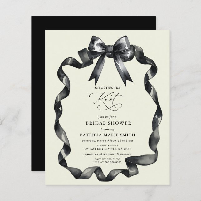 Budget tying the knot black bow Bridal Shower (Front/Back)