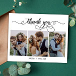 Budget Typography 3 Photo Wedding Thank You Card<br><div class="desc">Budget, Elegant, Calligraphy Script (3) Photo Collage Wedding Thank You personalised affordable low budget THIN card. Stylish wedding thank you card template featuring (3) three photo on the front and (1) one photo on the back. ***PLEASE NOTE! *** BUDGET PAPER/FLYER IS THIN. *** UPGRADE THE PAPER FOR A THICKER PAPER....</div>