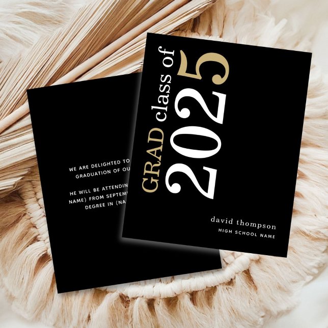 Budget Typography Black 2025 Grad Announcement (front and back view)