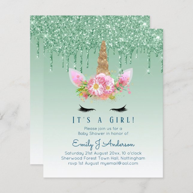 Budget Unicorn Baby Shower Green Girls Cute (Front/Back)