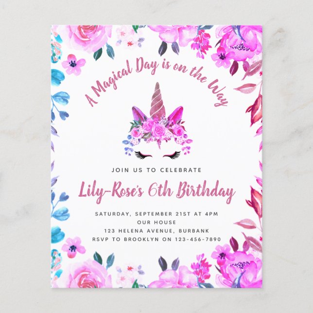 BUDGET Unicorn Face Floral Birthday Invitation Flyer (Front)