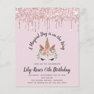 BUDGET Unicorn Face Glitter Birthday Invitation