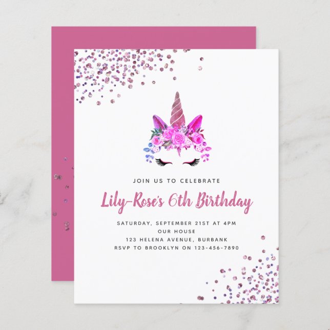 BUDGET Unicorn Face Glitter Birthday Invitation (Front/Back)