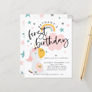 Budget Unicorn  Girl 1st Birthday Invitation