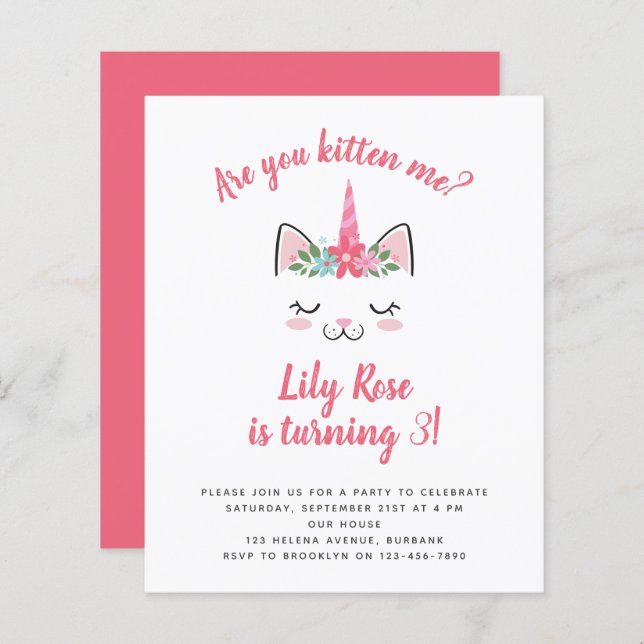 BUDGET Unicorn Kitten Birthday Invitation (Front/Back)