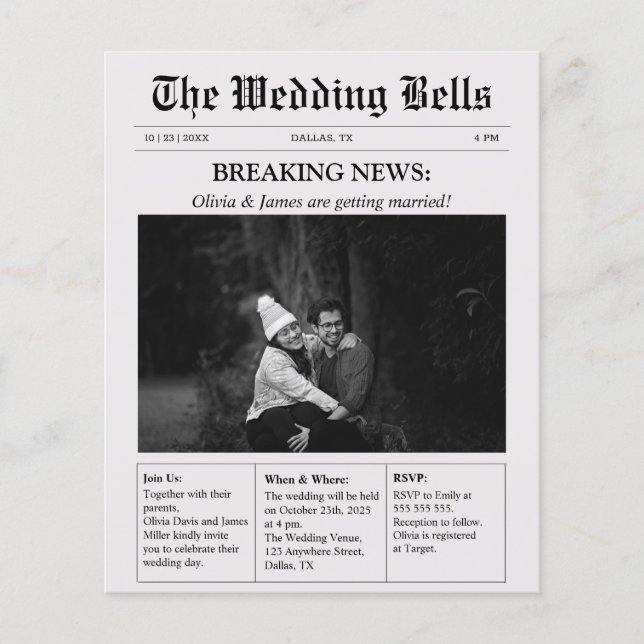 Budget Unique Newspaper Photo Wedding Invitation  (Front)