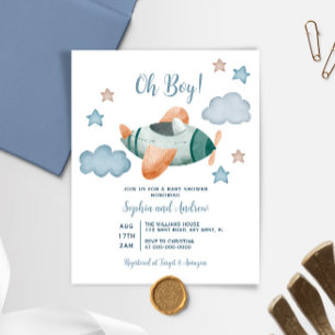 Budget Up Up and Away Aeroplane Baby Shower Invite