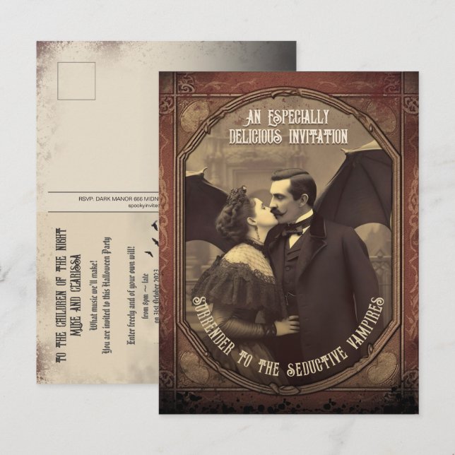 Budget Vampire Kiss Vintage Halloween Invitation Postcard (Front/Back)
