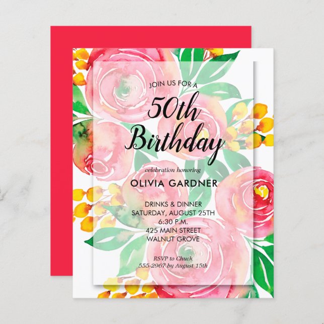 Budget Vibrant Watercolor Floral Birthday Invites (Front/Back)