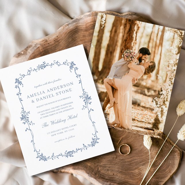 Budget Victorian Photo Blue Wedding Invitation (Creator Uploaded)