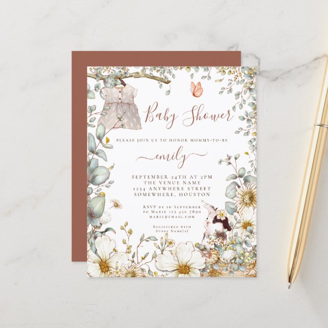 Budget Vintage Bunny Girl Baby Shower Invitation (Front/Back In Situ)