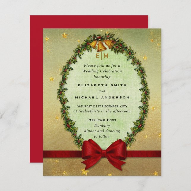 Budget Vintage Christmas Gold Red Wedding Invite (Front/Back)