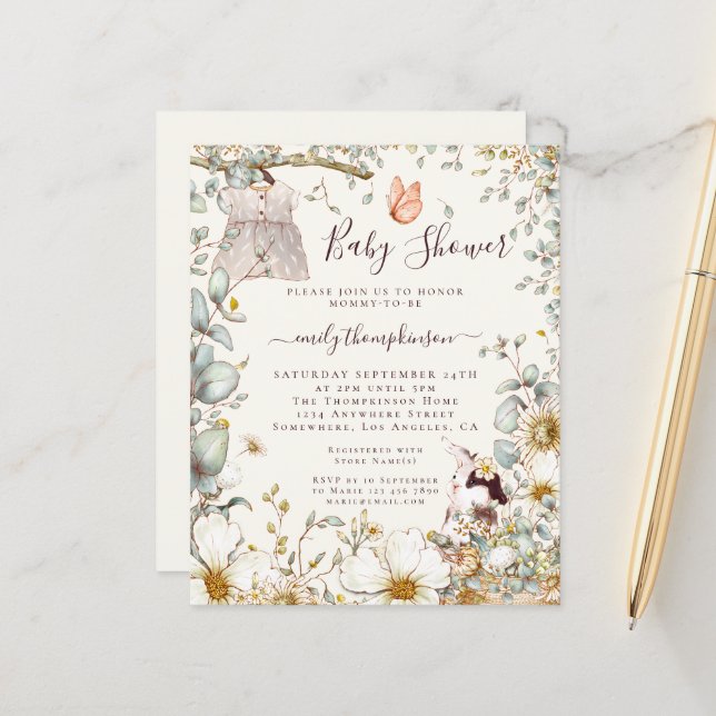 Budget Vintage Dress Girl Baby Shower Cream Invite (Front/Back In Situ)