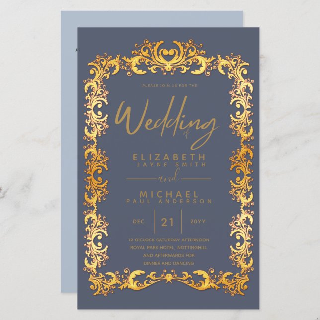 BUDGET Vintage Gold Framed Low Wedding Invite A9 (Front/Back)