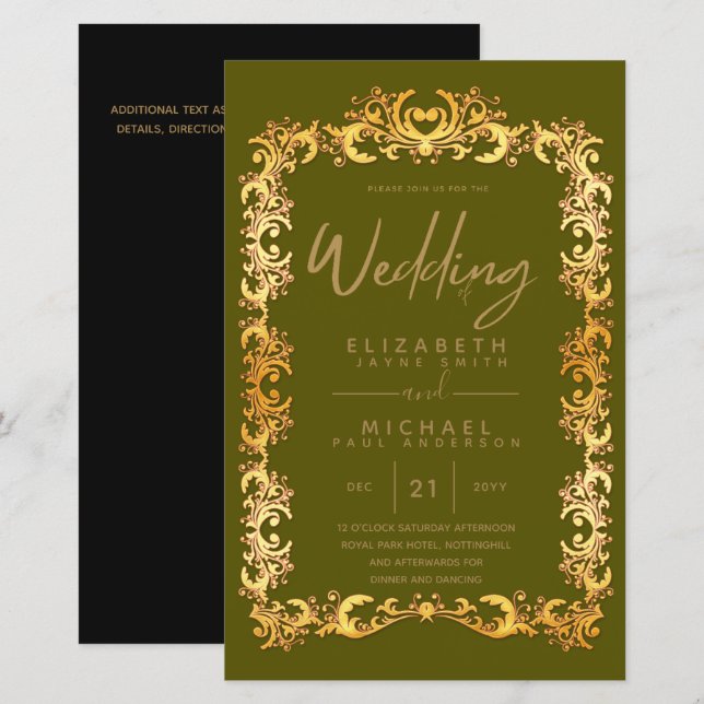 BUDGET Vintage Gold Framed Low Wedding Invite A9 (Front/Back)