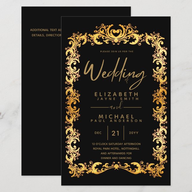 BUDGET Vintage Gold Framed Low Wedding Invite A9 (Front/Back)