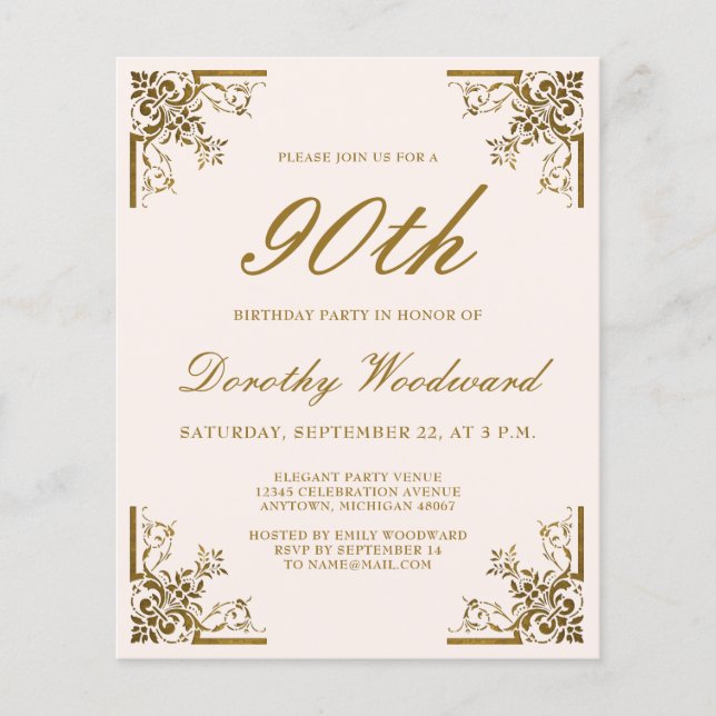 Budget Vintage Gold Script Blush Birthday Invite (Front)