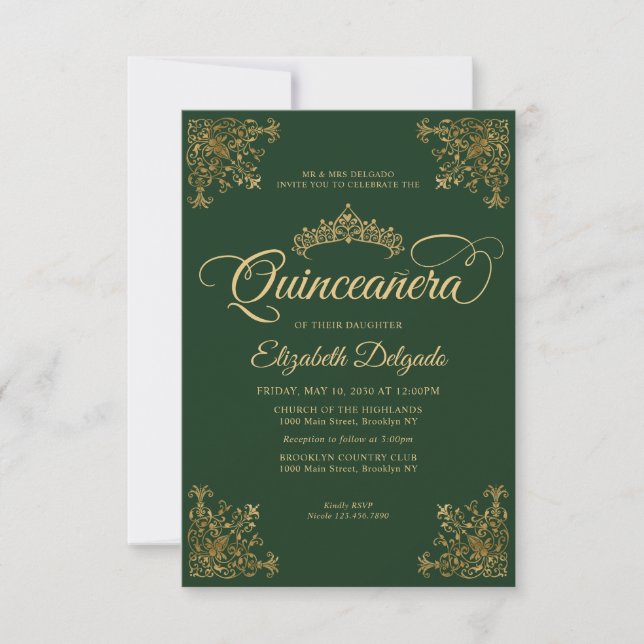 Budget Vintage Green Gold Tiara Quinceanera Card (Front)