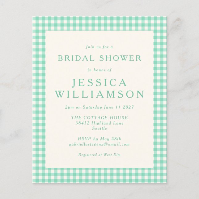 Budget Vintage Mint Plaid Bridal Shower Invite (Front)