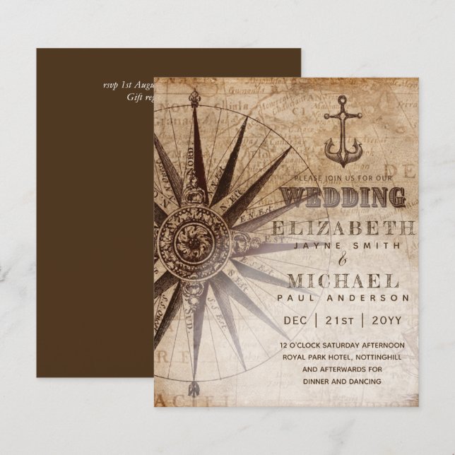 BUDGET Vintage Nautical Map Wedding Invite (Front/Back)