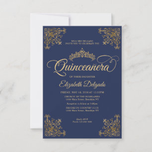 Budget Vintage Navy Blue Gold Tiara Quinceanera Card