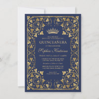 Budget Vintage Navy Blue Gold Tiara Quinceanera