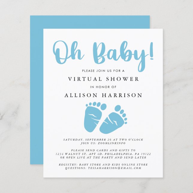 Budget Virtual Baby Shower Blue Feet Invitation (Front/Back)